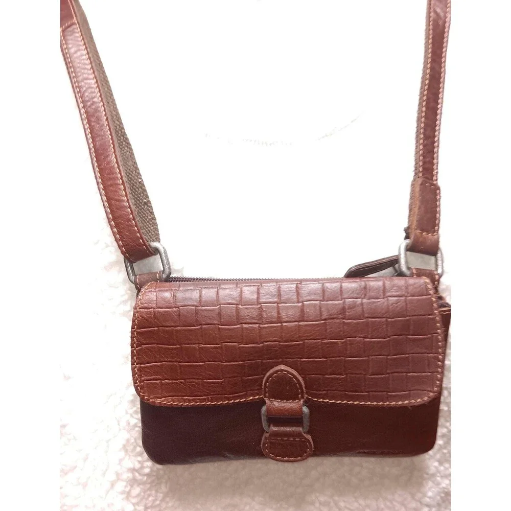 Vintage Jack Georges Brown Leather Crossbody Bag – Woven Embossed Flap Shoulder